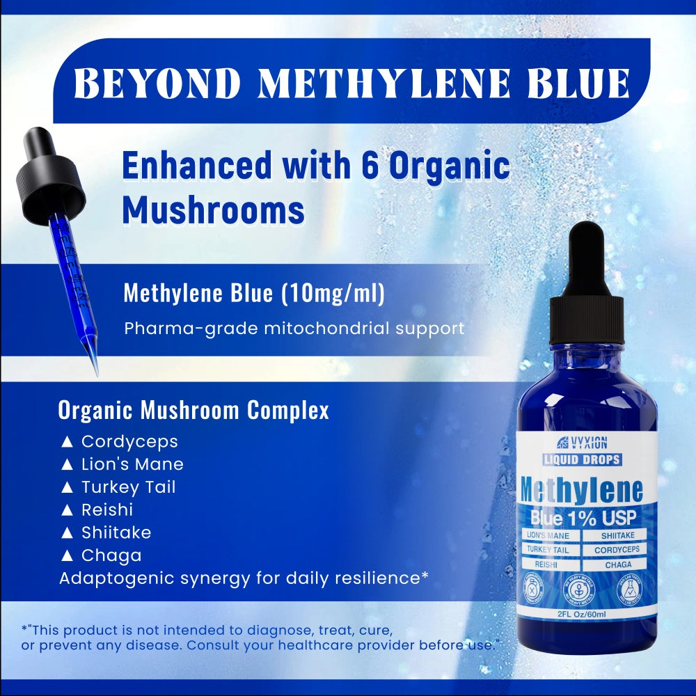 Vyxion Methylene Blue Drops (1% Pharma Grade, USP Grade) 10mg + Organic Mushroom Complex (Cordyceps, Turkey Tail, Lion’s Mane, Chaga, Reishi, Shiitake), Brain Health, No Formaldehyde, 60 ml Bottle