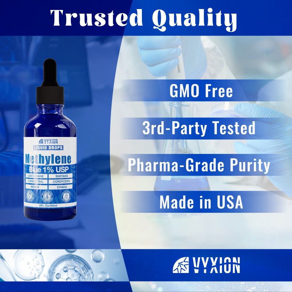 Vyxion Methylene Blue Drops (1% Pharma Grade, USP Grade) 10mg + Organic Mushroom Complex (Cordyceps, Turkey Tail, Lion’s Mane, Chaga, Reishi, Shiitake), Brain Health, No Formaldehyde, 60 ml Bottle
