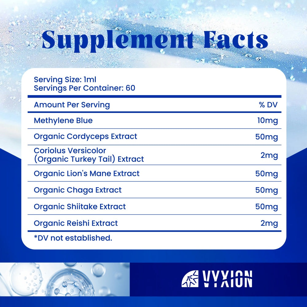 Vyxion Methylene Blue Drops (1% Pharma Grade, USP Grade) 10mg + Organic Mushroom Complex (Cordyceps, Turkey Tail, Lion’s Mane, Chaga, Reishi, Shiitake), Brain Health, No Formaldehyde, 60 ml Bottle