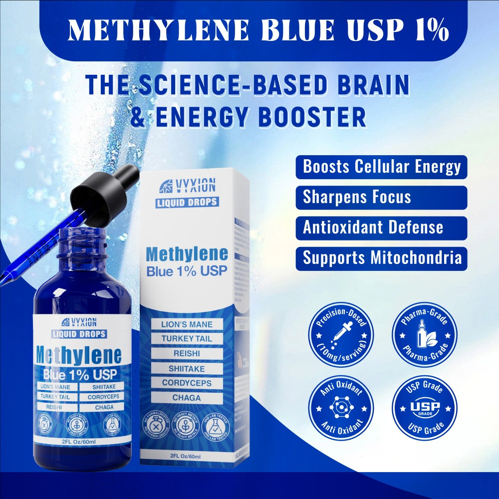 Vyxion Methylene Blue Drops (1% Pharma Grade, USP Grade) 10mg + Organic Mushroom Complex (Cordyceps, Turkey Tail, Lion’s Mane, Chaga, Reishi, Shiitake), Brain Health, No Formaldehyde, 60 ml Bottle