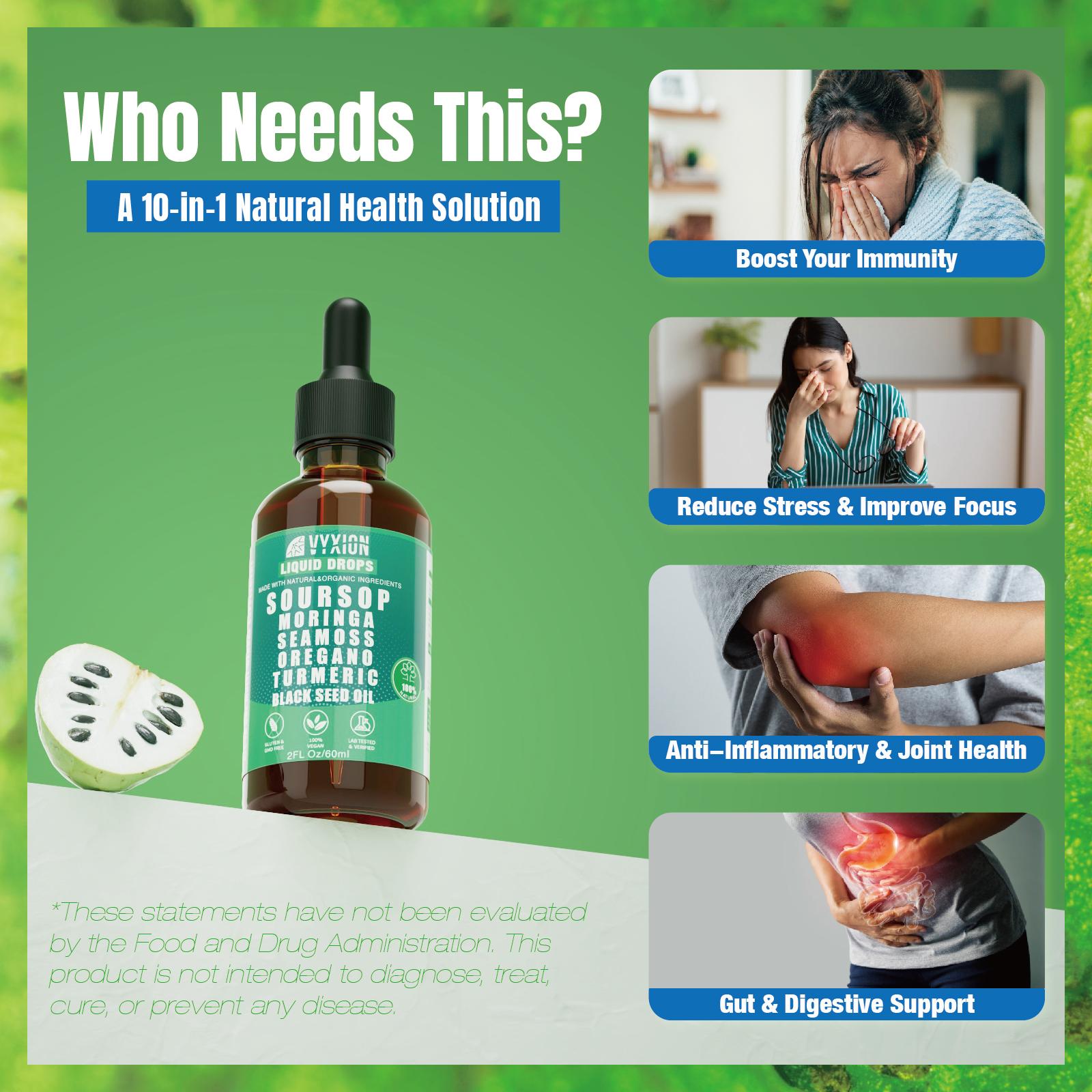VYXION Pure Soursop 10 in 1 Liquid Drops Extract - Seamoss,Moringa,Black Seed Oil,Turmeric,Oregano Liquid Drops - One Dietary Supplement,Healthcare,Fitness,Natural Wellness Blend