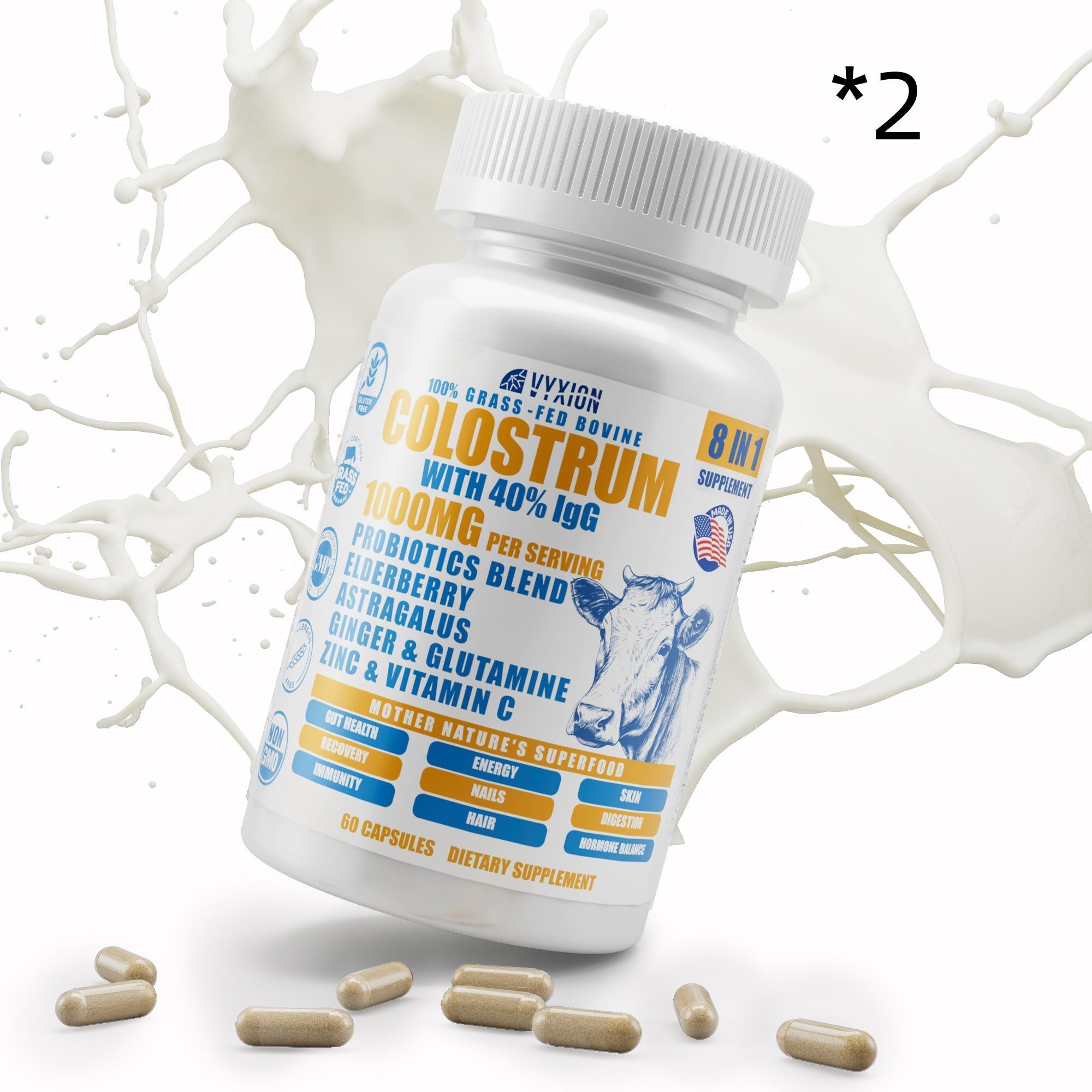VYXION Bovine Colostrum 8 in 1 Capsules Supplement 1000mg - 40% IgG Bovine Colostrum - Gut, Bone, Exercise, Immune - 60 Capsules