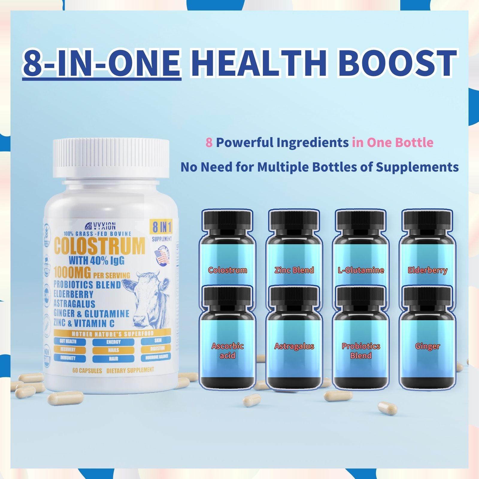 VYXION Bovine Colostrum 8 in 1 Capsules Supplement 1000mg - 40% IgG Bovine Colostrum - Gut, Bone, Exercise, Immune - 60 Capsules