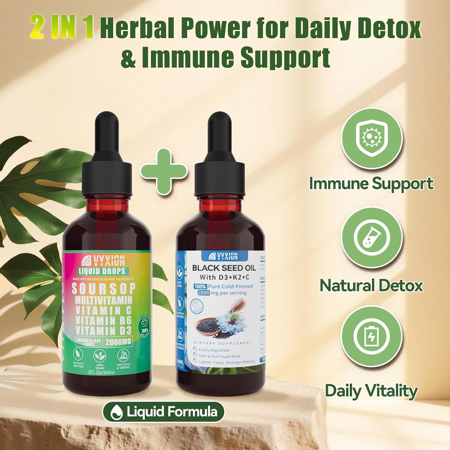 Soursop Bitters & Black Seed Oil Liquid Bundle – Superfood Antioxidant Drops with Graviola, Black Seed Oil, Vitamins C, D3, B6 & K2 – Immune, Digestive & Heart Support – 2 Bottles, Herbal Supplement
