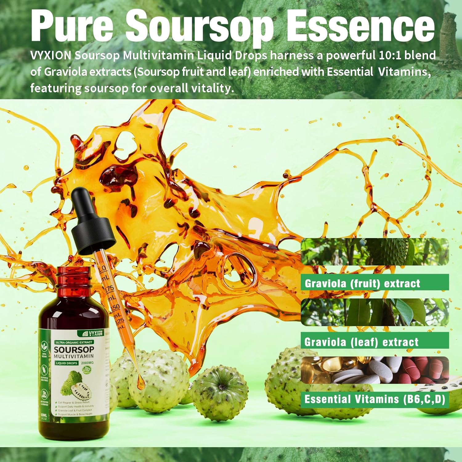 Soursop Bitters Liquid, Graviola Liquid Drops Supplement with Vitamin B6, C, D3, Pure Soursop Multivitamin for Overall Health-Enhancing | Vegan, Non-GMO | 2 Fl Oz