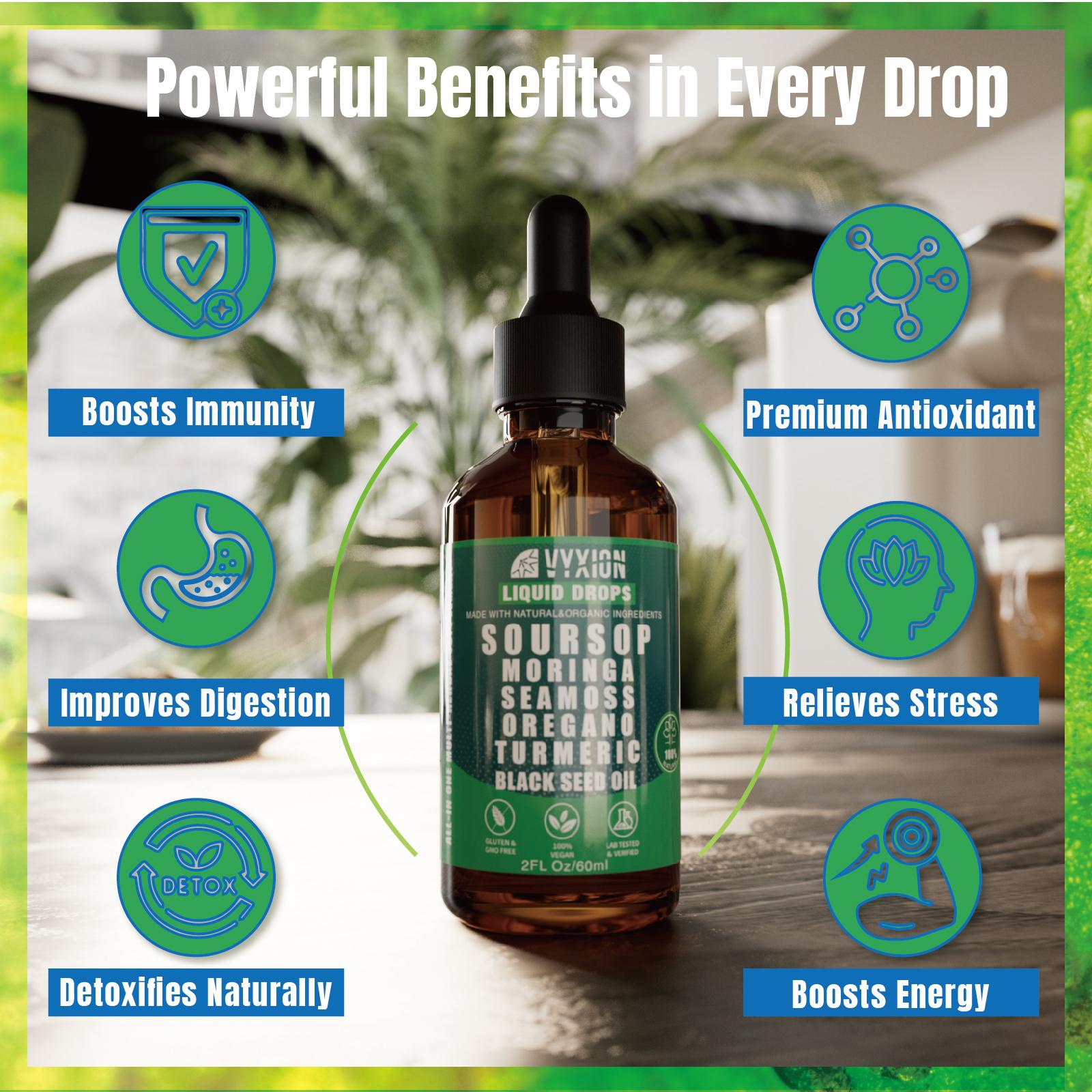 VYXION Pure Soursop 10 in 1 Liquid Drops Extract - Seamoss,Moringa,Black Seed Oil,Turmeric,Oregano Liquid Drops - One Dietary Supplement,Healthcare,Fitness,Natural Wellness Blend