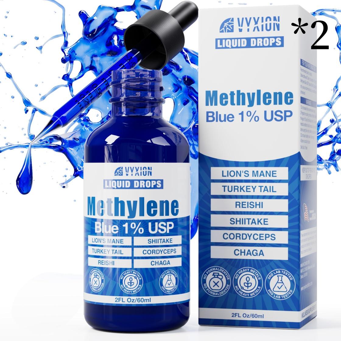 Vyxion Methylene Blue Drops (1% Pharma Grade, USP Grade) 10mg + Organic Mushroom Complex (Cordyceps, Turkey Tail, Lion’s Mane, Chaga, Reishi, Shiitake), Brain Health, No Formaldehyde, 60 ml Bottle