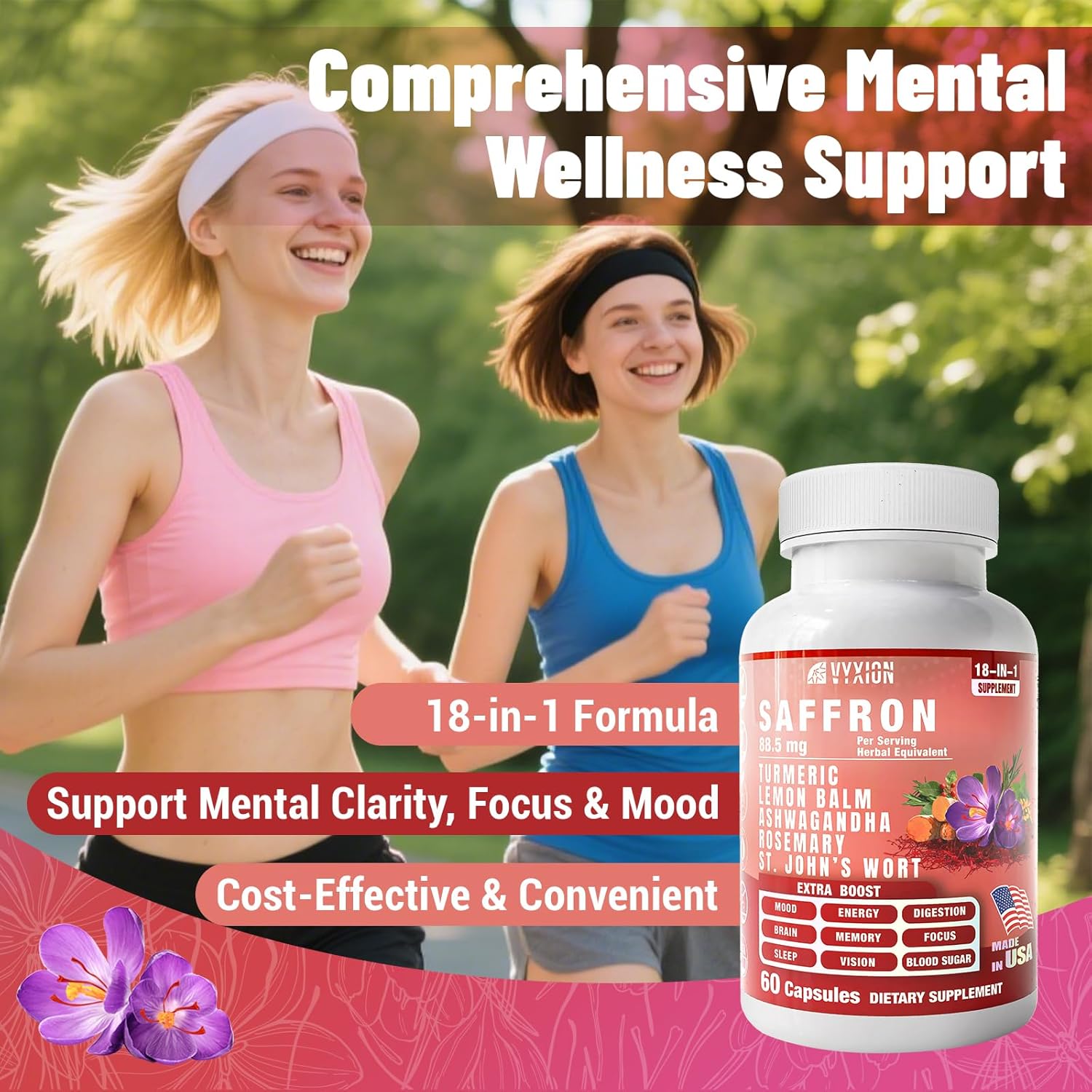 Saffron Supplements with Turmeric & Ashwagandha – 18-in-1 Herbal Mood Booster & Energy Support – Natural Supplement for Mental Clarity, Focus & Stress Support – for Women & Men
