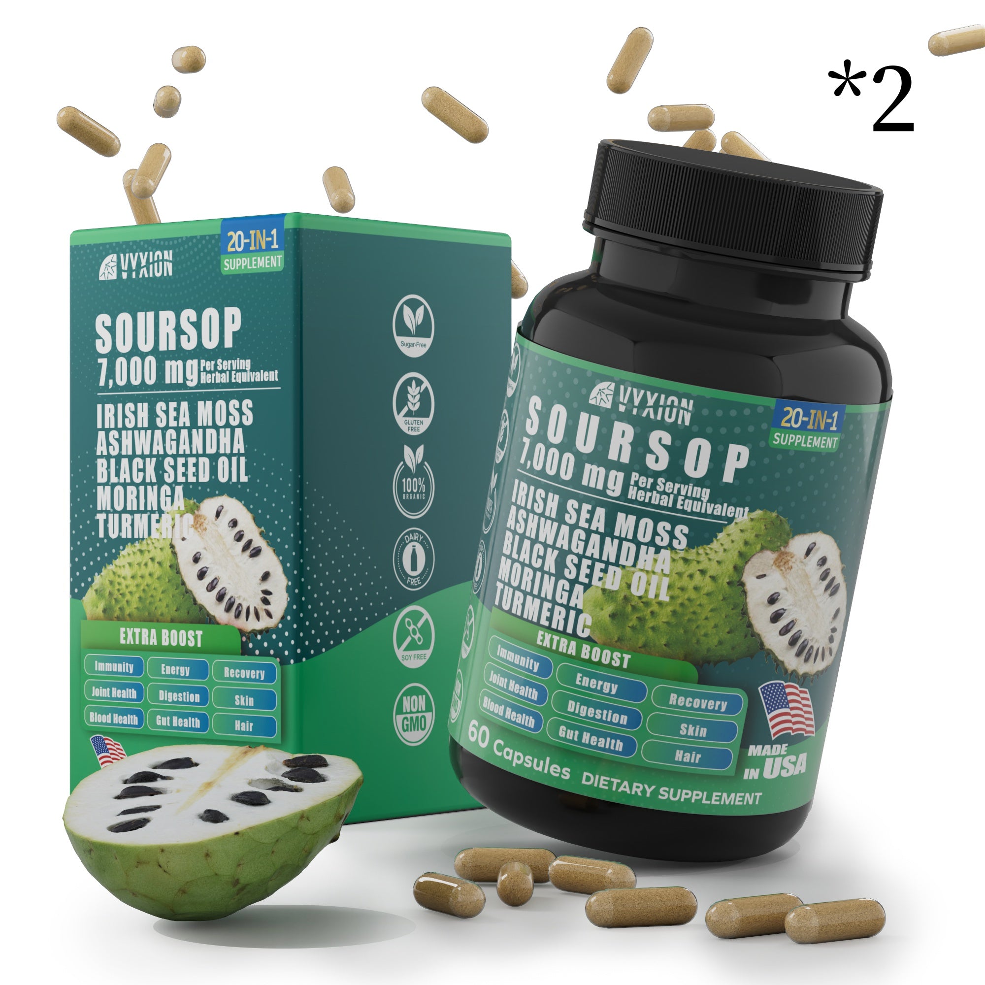 VYXION 20-IN-1 Soursop Sea Moss Ashwagandha Black Seed Oil Moringa Turmeric Extract bundled Herbal Supplement, Organic Soursop, 60 Capsules