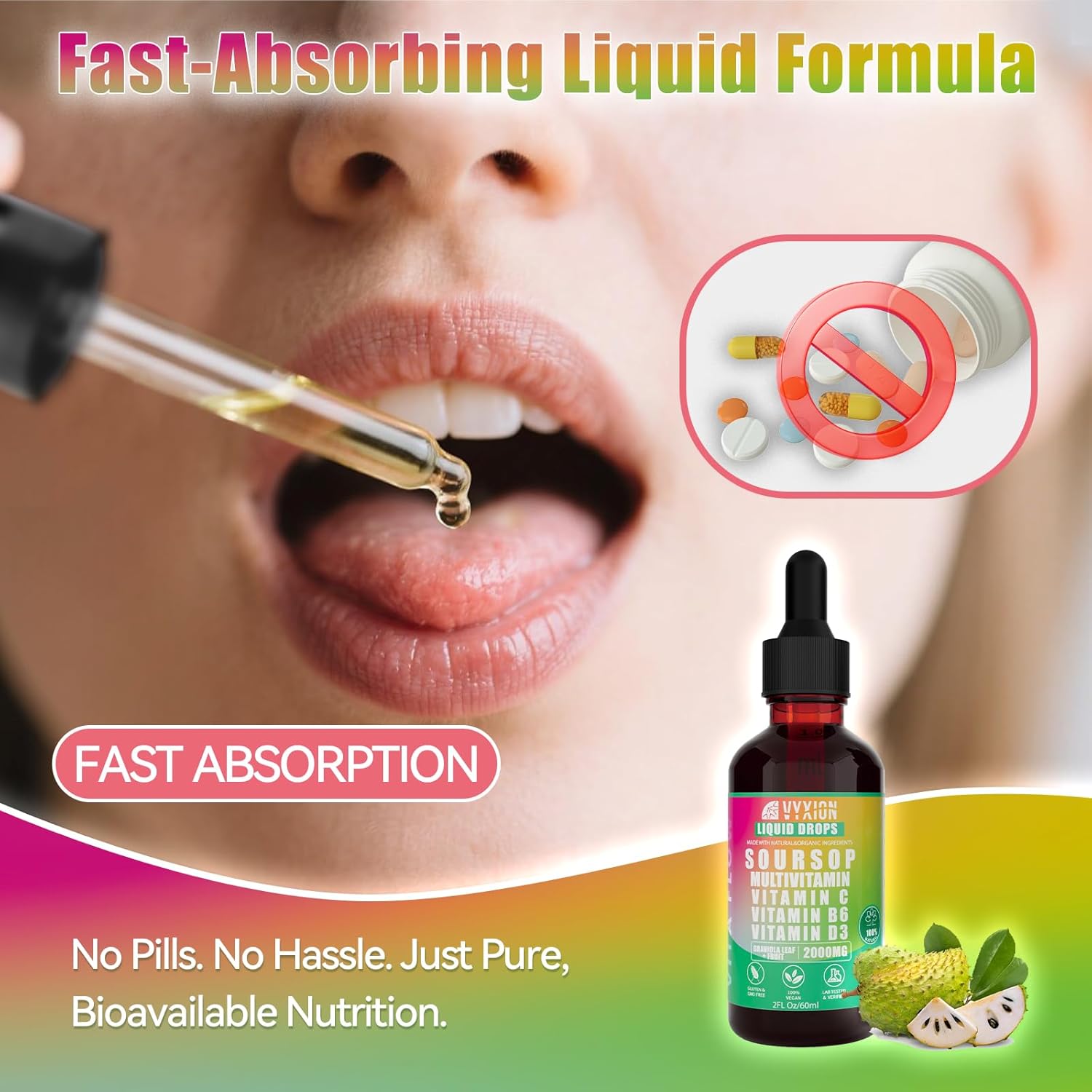 Soursop Bitters Liquid, Soursop Multivitamin Drops - 2000mg 10:1 Extract from Fruit & Leaf, Vitamin B6, C, D3, Graviola Liquid Drops | Vegan, Non-GMO | 2 Fl Oz