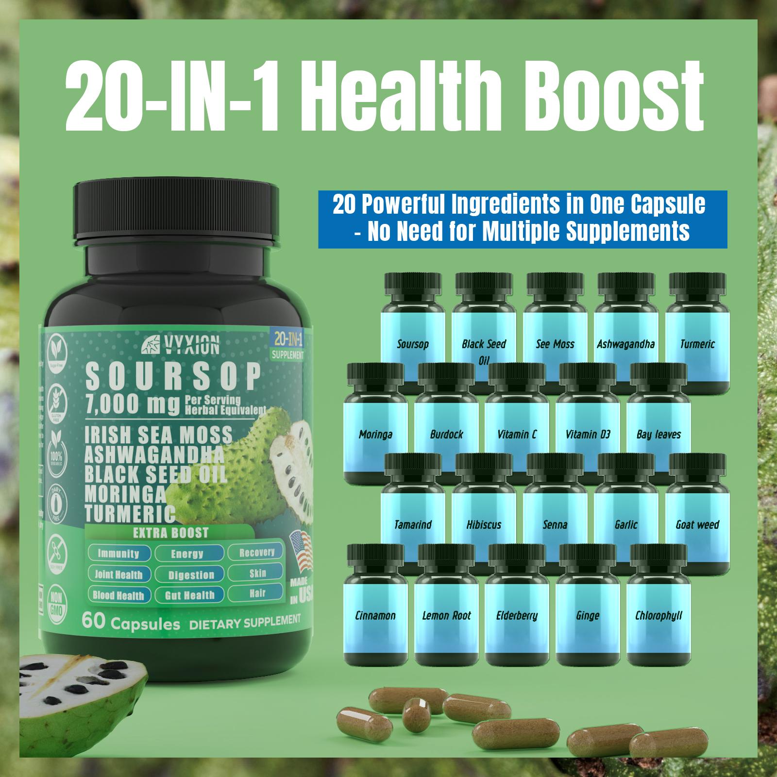 VYXION 20-IN-1 Soursop Sea Moss Ashwagandha Black Seed Oil Moringa Turmeric Extract bundled Herbal Supplement, Organic Soursop, 60 Capsules