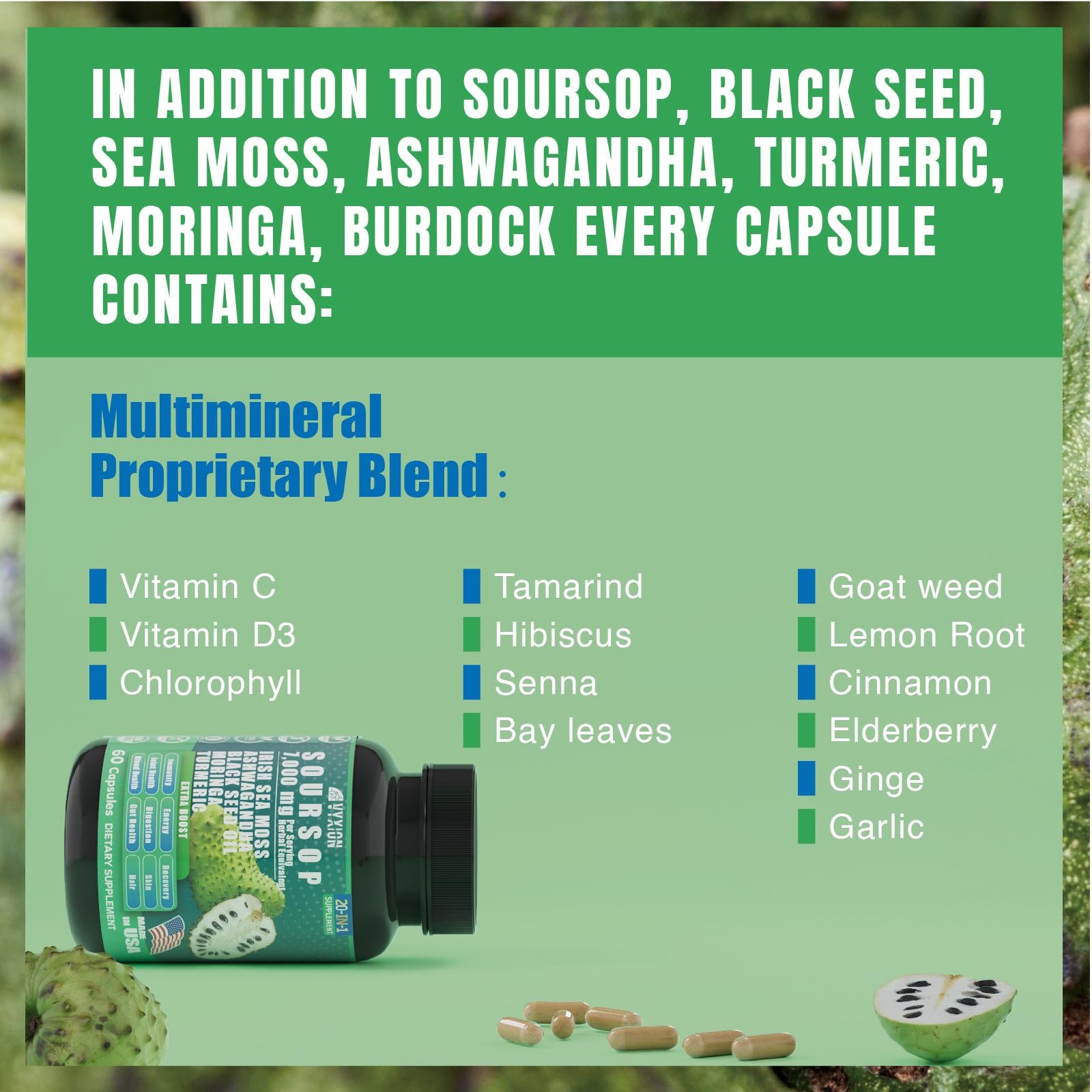 VYXION 20-IN-1 Soursop Sea Moss Ashwagandha Black Seed Oil Moringa Turmeric Extract bundled Herbal Supplement, Organic Soursop, 60 Capsules