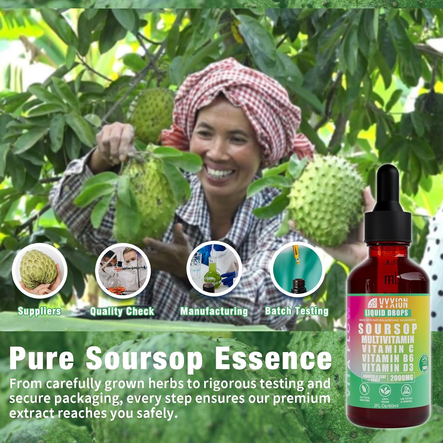 Soursop Bitters Liquid, Soursop Multivitamin Drops - 2000mg 10:1 Extract from Fruit & Leaf, Vitamin B6, C, D3, Graviola Liquid Drops | Vegan, Non-GMO | 2 Fl Oz