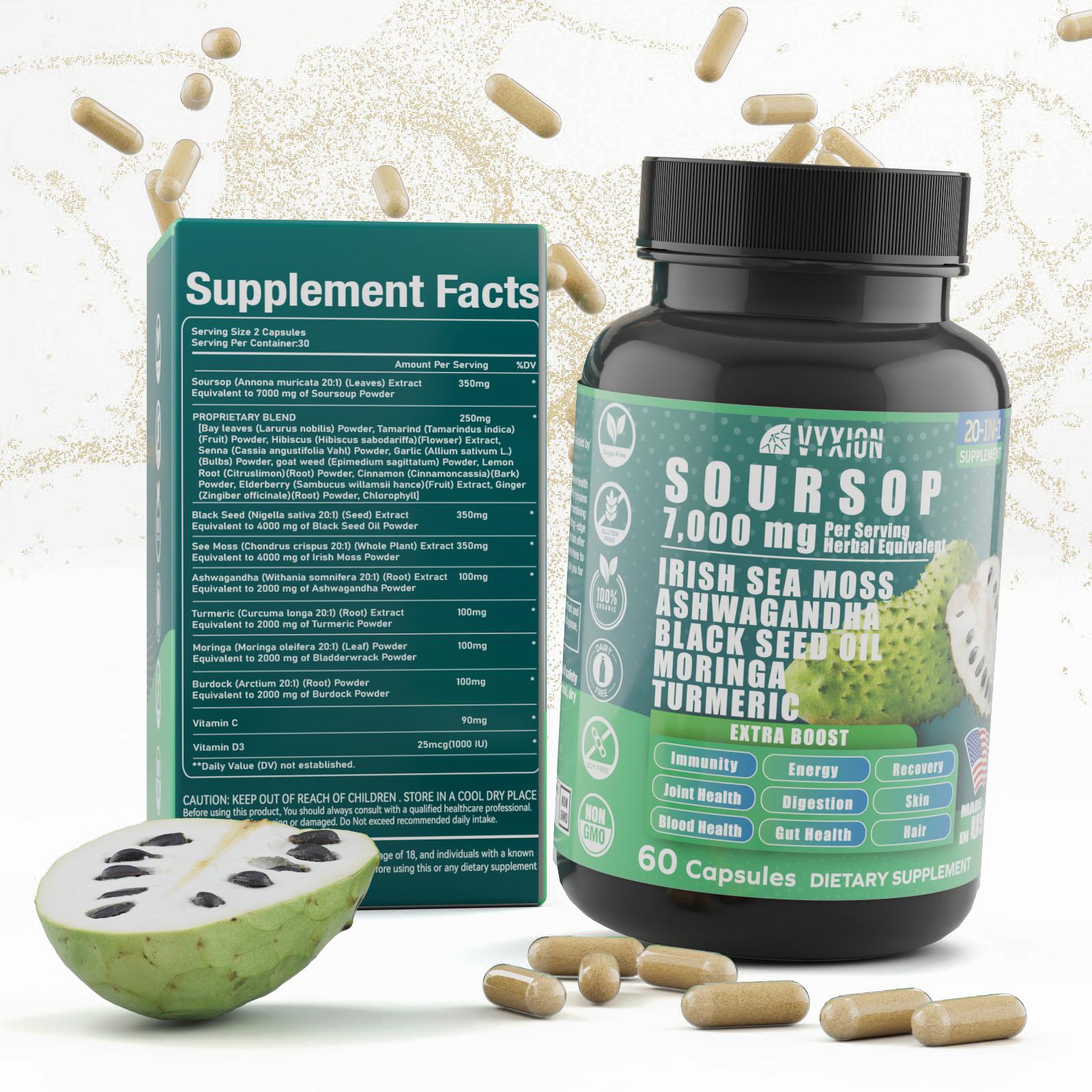 VYXION 20-IN-1 Soursop Sea Moss Ashwagandha Black Seed Oil Moringa Turmeric Extract bundled Herbal Supplement, Organic Soursop, 60 Capsules