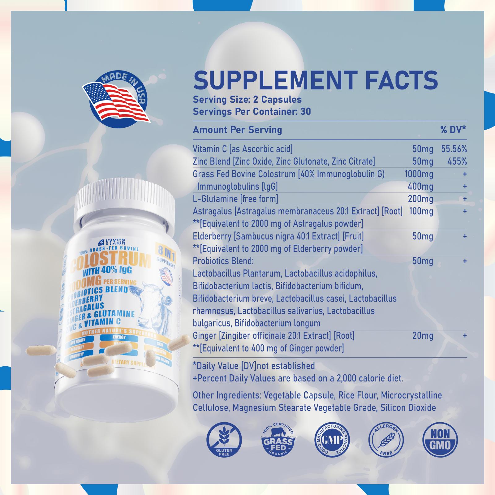 VYXION Bovine Colostrum 8 in 1 Capsules Supplement 1000mg - 40% IgG Bovine Colostrum - Gut, Bone, Exercise, Immune - 60 Capsules