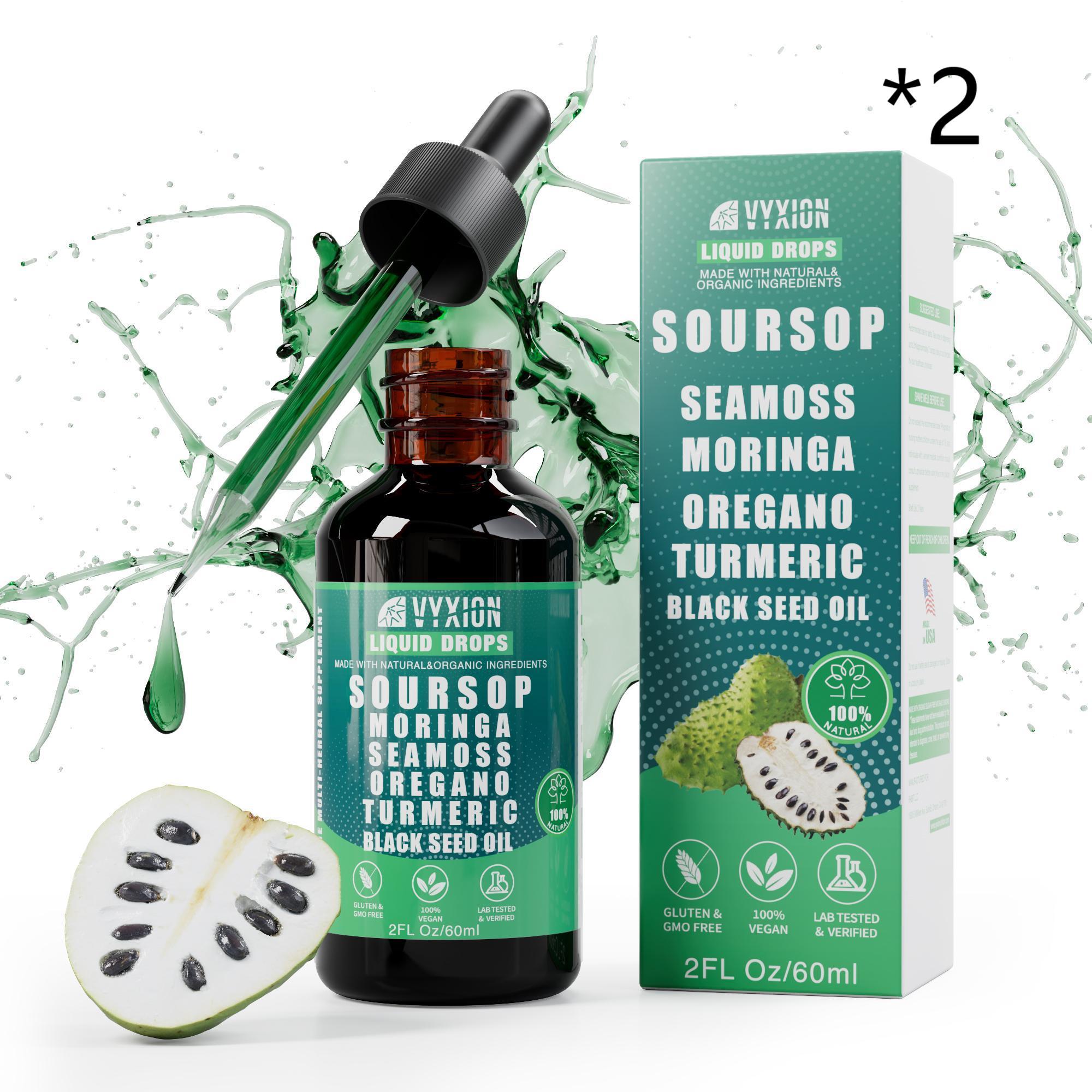VYXION Pure Soursop 10 in 1 Liquid Drops Extract - Seamoss,Moringa,Black Seed Oil,Turmeric,Oregano Liquid Drops - One Dietary Supplement,Healthcare,Fitness,Natural Wellness Blend
