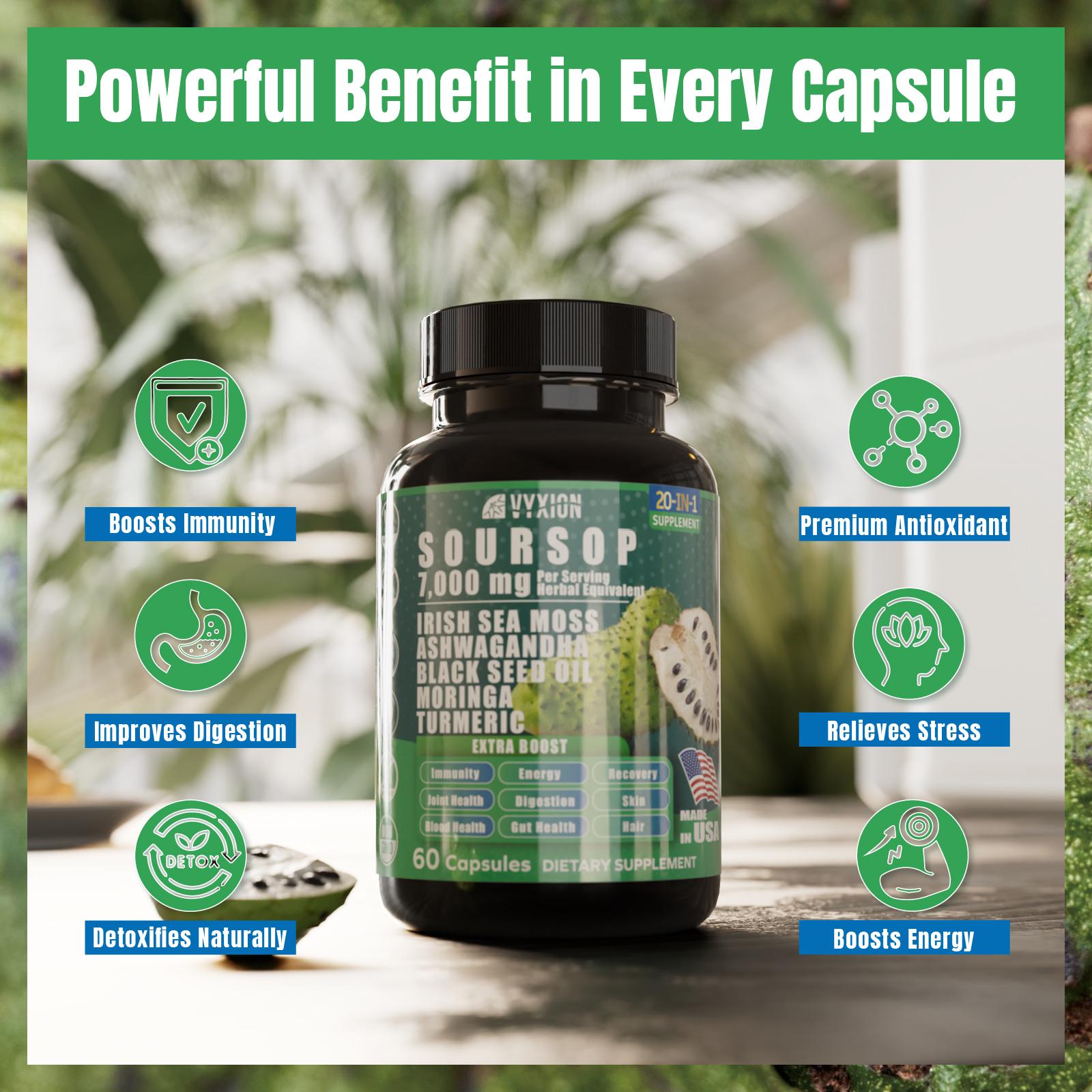 VYXION 20-IN-1 Soursop Sea Moss Ashwagandha Black Seed Oil Moringa Turmeric Extract bundled Herbal Supplement, Organic Soursop, 60 Capsules
