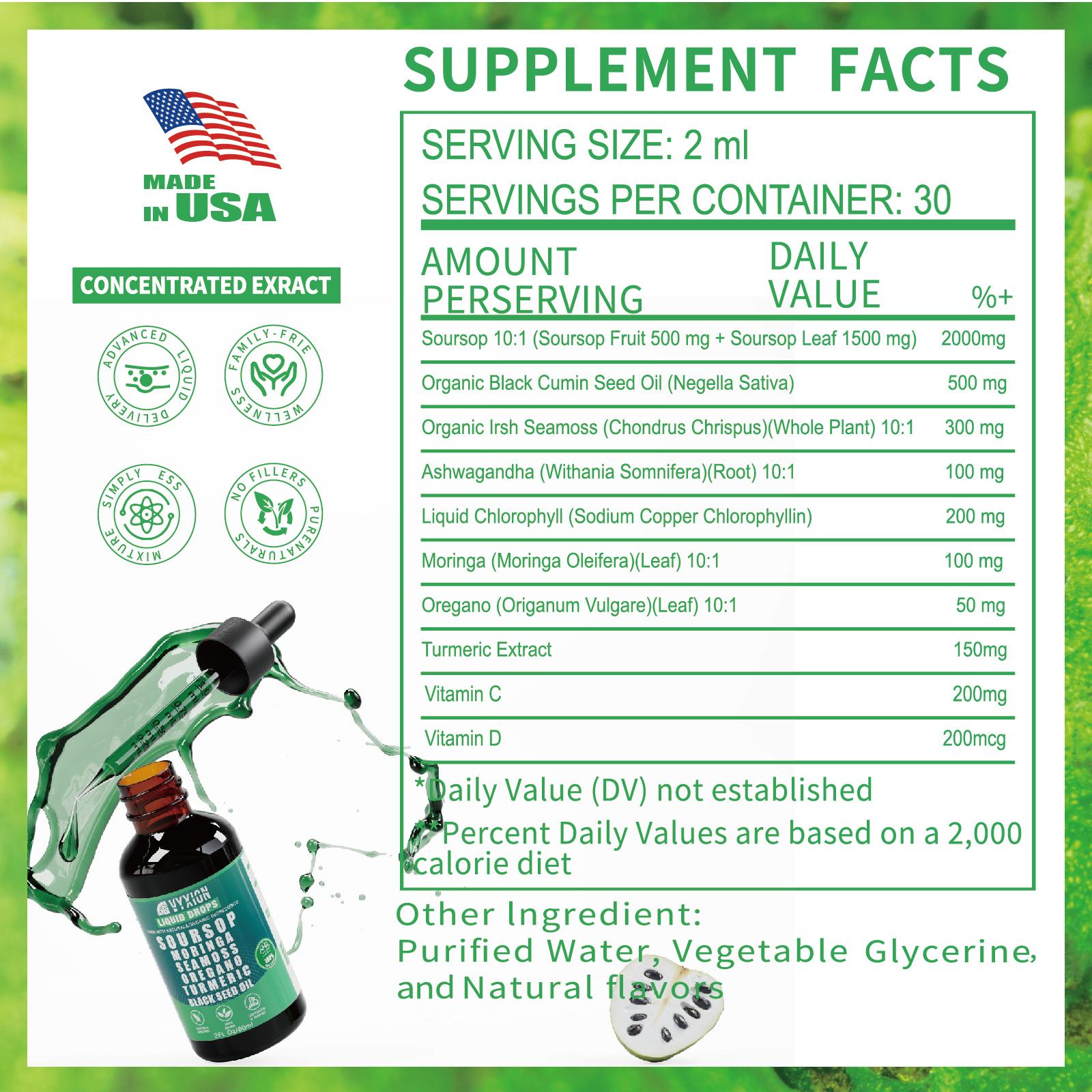 VYXION Pure Soursop 10 in 1 Liquid Drops Extract - Seamoss,Moringa,Black Seed Oil,Turmeric,Oregano Liquid Drops - One Dietary Supplement,Healthcare,Fitness,Natural Wellness Blend