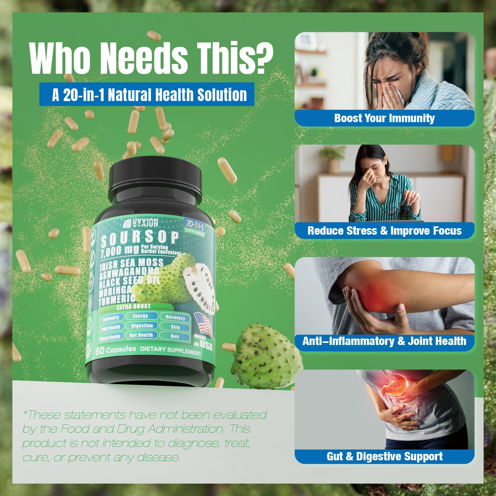 VYXION 20-IN-1 Soursop Sea Moss Ashwagandha Black Seed Oil Moringa Turmeric Extract bundled Herbal Supplement, Organic Soursop, 60 Capsules