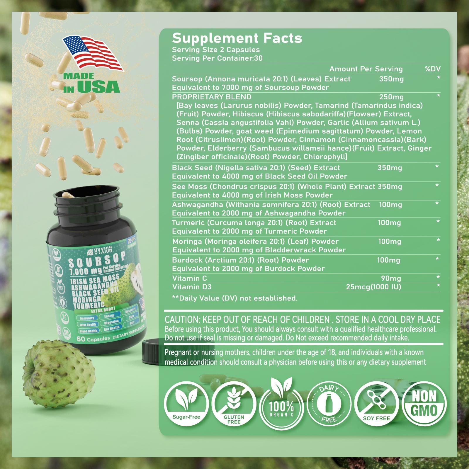 VYXION 20-IN-1 Soursop Sea Moss Ashwagandha Black Seed Oil Moringa Turmeric Extract bundled Herbal Supplement, Organic Soursop, 60 Capsules