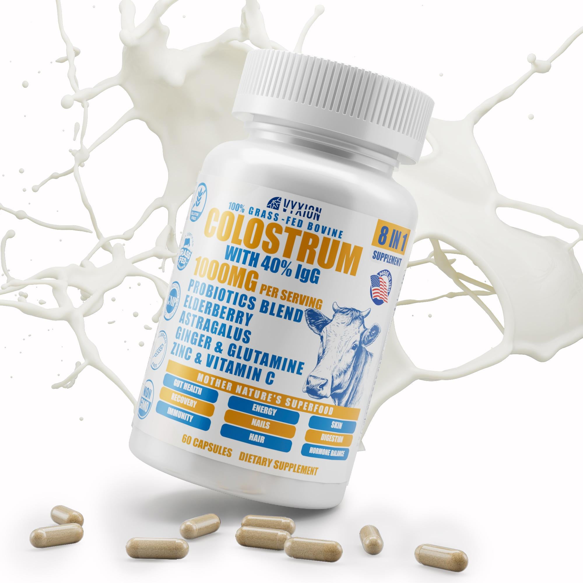 VYXION Bovine Colostrum 8 in 1 Capsules Supplement 1000mg - 40% IgG Bovine Colostrum - Gut, Bone, Exercise, Immune - 60 Capsules