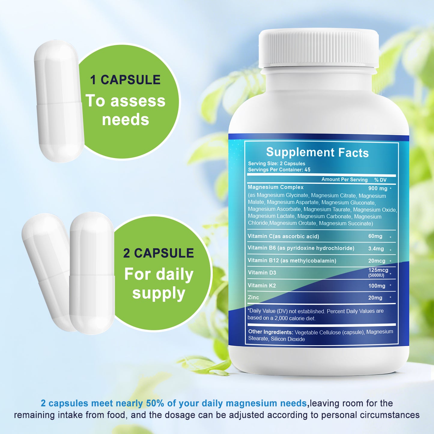 Magnesium Complex 900mg per Serving – High Absorption Magnesium Glycinate with Vitamin D3 K2 Zinc & B Vitamins – Sleep, Calm, Muscle & Nerve Support – 90 Capsules