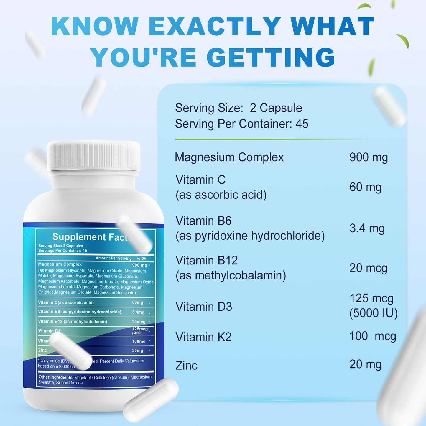 Magnesium Complex 900mg per Serving – High Absorption Magnesium Glycinate with Vitamin D3 K2 Zinc & B Vitamins – Sleep, Calm, Muscle & Nerve Support – 90 Capsules