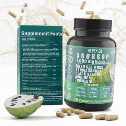 VYXION 20-IN-1 Soursop Sea Moss Ashwagandha Black Seed Oil Moringa Turmeric Extract bundled Herbal Supplement, Organic Soursop, 60 Capsules